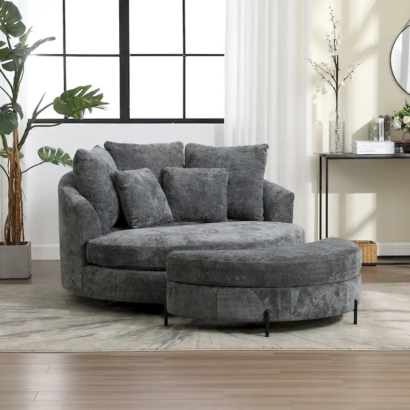 Modern Sofa Chair Round Accent Barrel Chair With 5 Pillows and Optional Ottoman