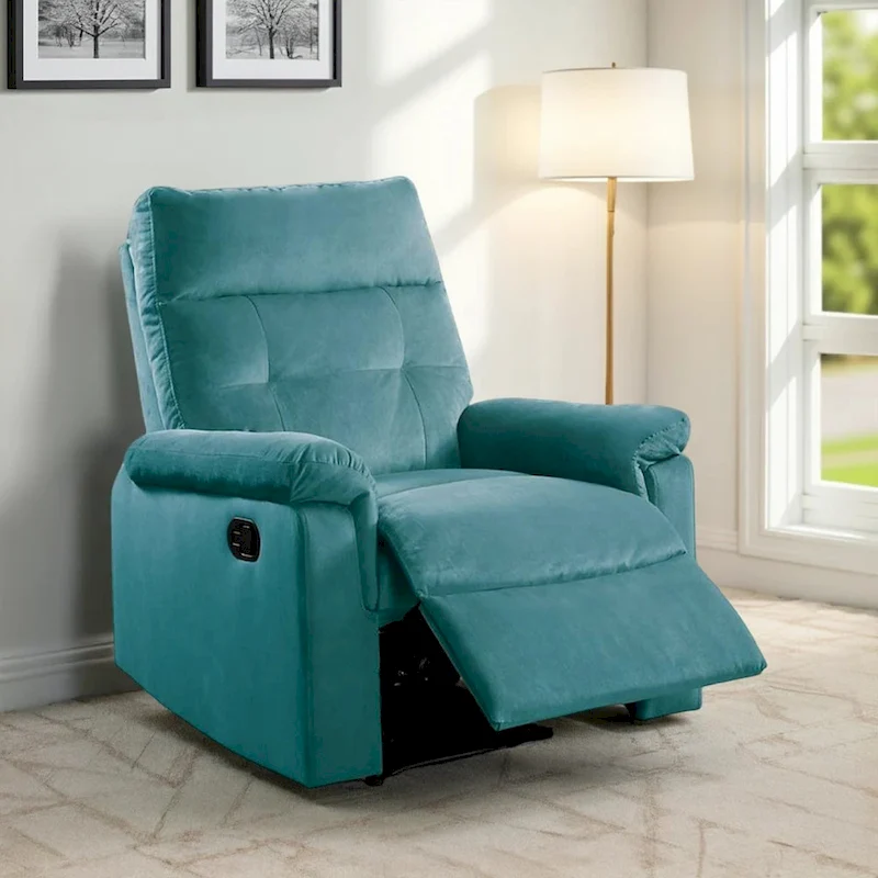 Jessy Manual Recliner Chair, Tufted Cushioned Blue Velvet, Solid Wood