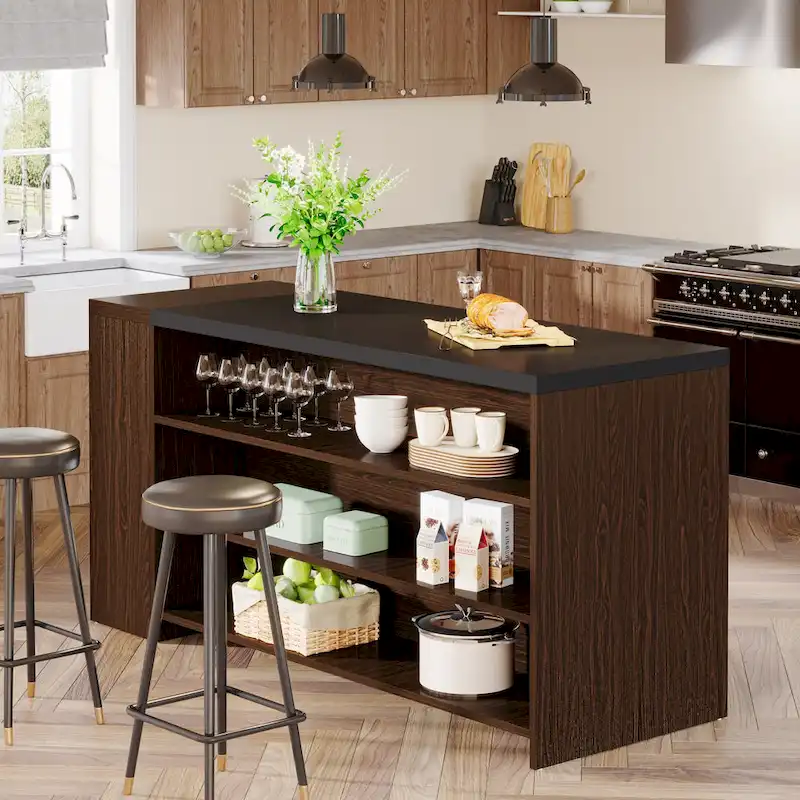 55 Inches Brown All-Wood Kitchen Island with Storage for Dining Room
