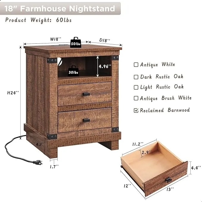 18 Farmhouse Nightstand with Charging Station, Night Stand, End Table
