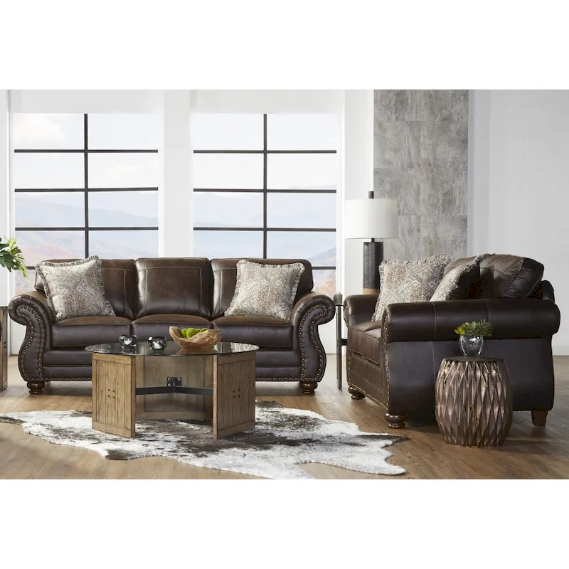 Roundhill Furniture Leinster Fabric Upholstered Nailhead Sofa and Loveseat Set in Espresso