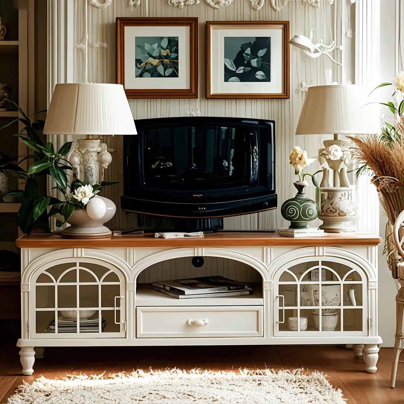 59 French Country Arched White Wood TV Stand with Storage