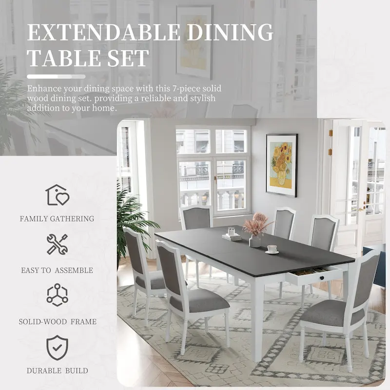 7 Pcs Dining Table Set, Solid Wood Table and Chairs Set with Extendable Dining Table, 2 Drawers and 6 Upholstered Chairs