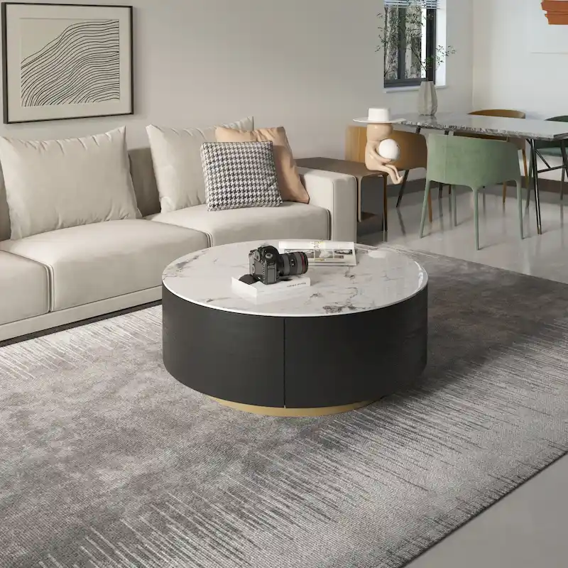 Modern Marble Top Round Coffee Table with Metal Base and 2 Drawers