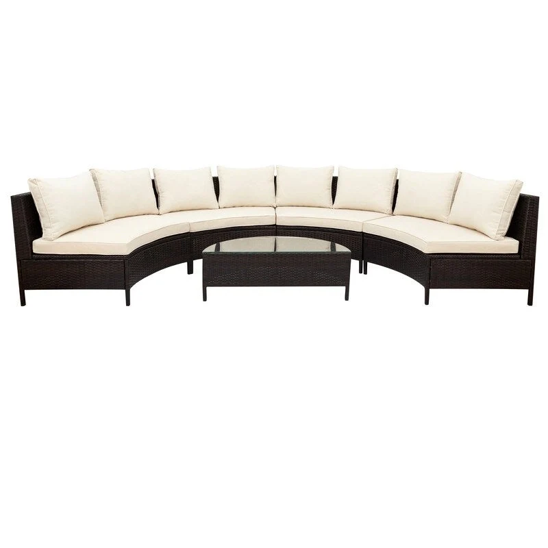 5-Piece All-Weather Brown PE Rattan Sectional Set  Half-Moon Outdoor Sofa with Tempered Glass Table for Patio & Garden