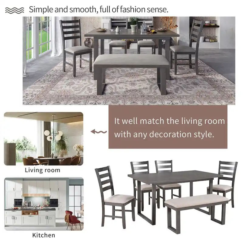 6-Pieces Dining Room Set with Table & 4 Chairs with Bench