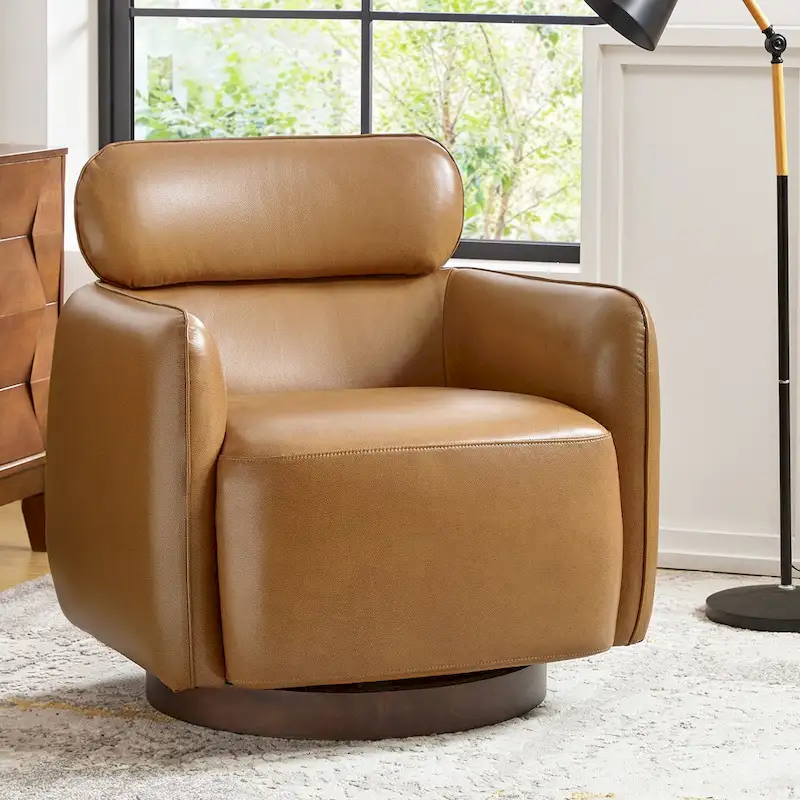 Raphael Modern Swivel Genuine Leather Barrel Chair