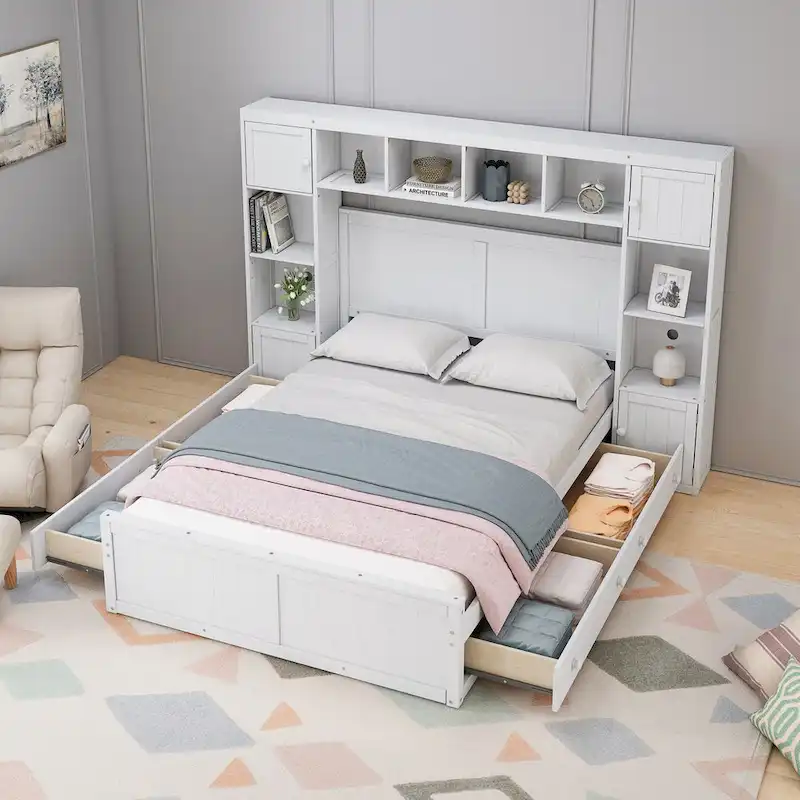 Full Size Wood Bed with All-in-One Cabinet and Shelf