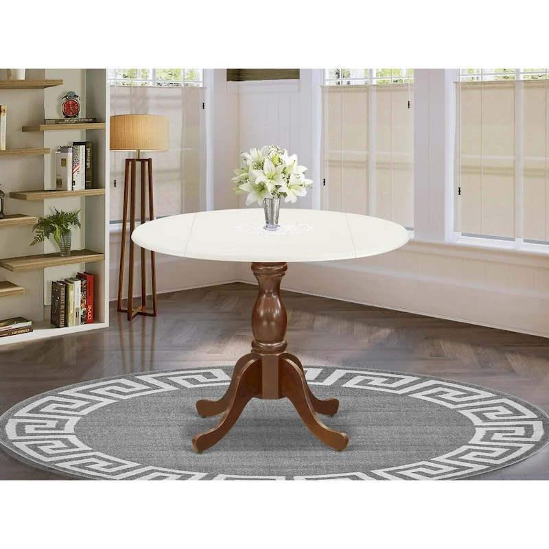 Dining Table — Round Tabletop (With Drop Leaves) And Pedestal Base; Two-Tone Finish In Linen White And Mahogany.