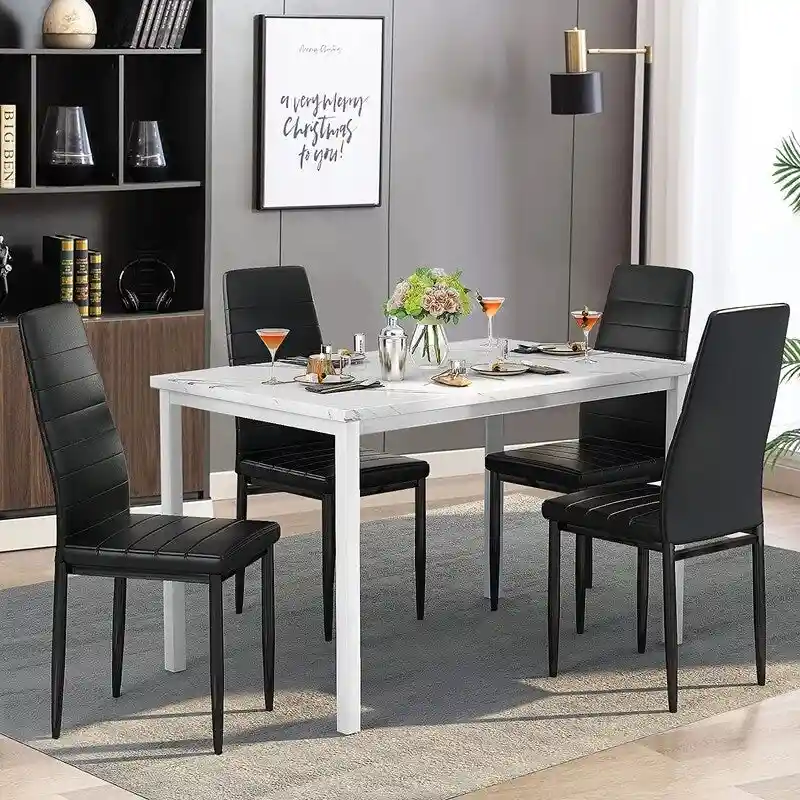 Modern 5-Piece Kitchen Dining Set, Counter Height Dinette Set with Marble Look Top and 4 Upholstered PU Leather Chairs