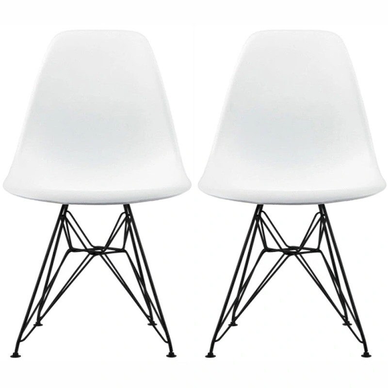 Set of 2 Mid-Century Modern Dining Side Chairs Armless Plastic Shell Seat with Black Metal Wire Eiffel Base, White