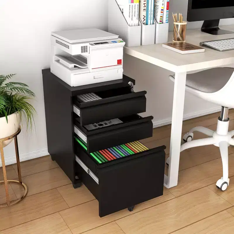 VIYET 14.69 3-Drawer Mobile File Cabinet with Lock, Fully Assembled Black Metal Filing Cabinet for Home Office, Fits Letter/Legal/A4
