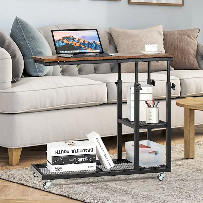C Shaped End Table Height Adjustable Mobile Couch Desk with Wheels