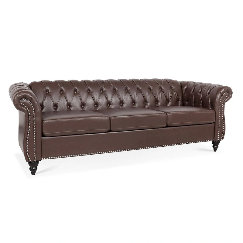 84.65 Chesterfield Tufted Faux Leather Sofa with Rolled Arms