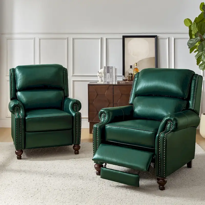 Gabriela Mid-Century Modern Genuine Leather Recliner Nail Head Trim Set of 2 by HULALA HOME