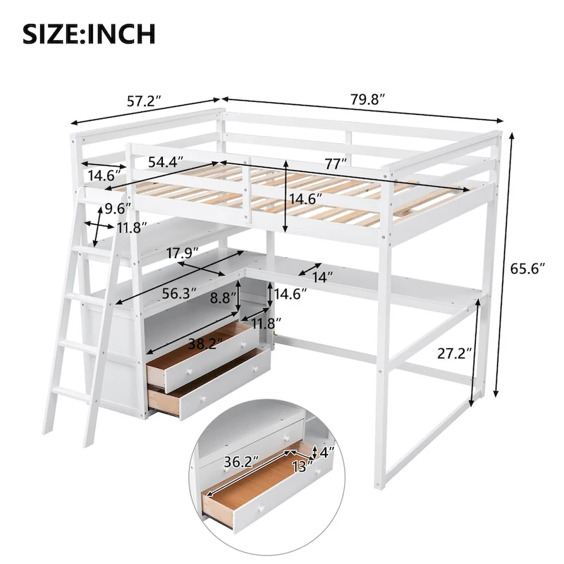 Loft Bed with Desk and Shelves, Two Built-in Drawers