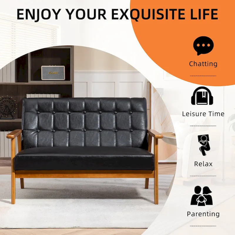 Mid-Century Linen/PU Upholstered Wood Frame Tufted Loveseat Sofa