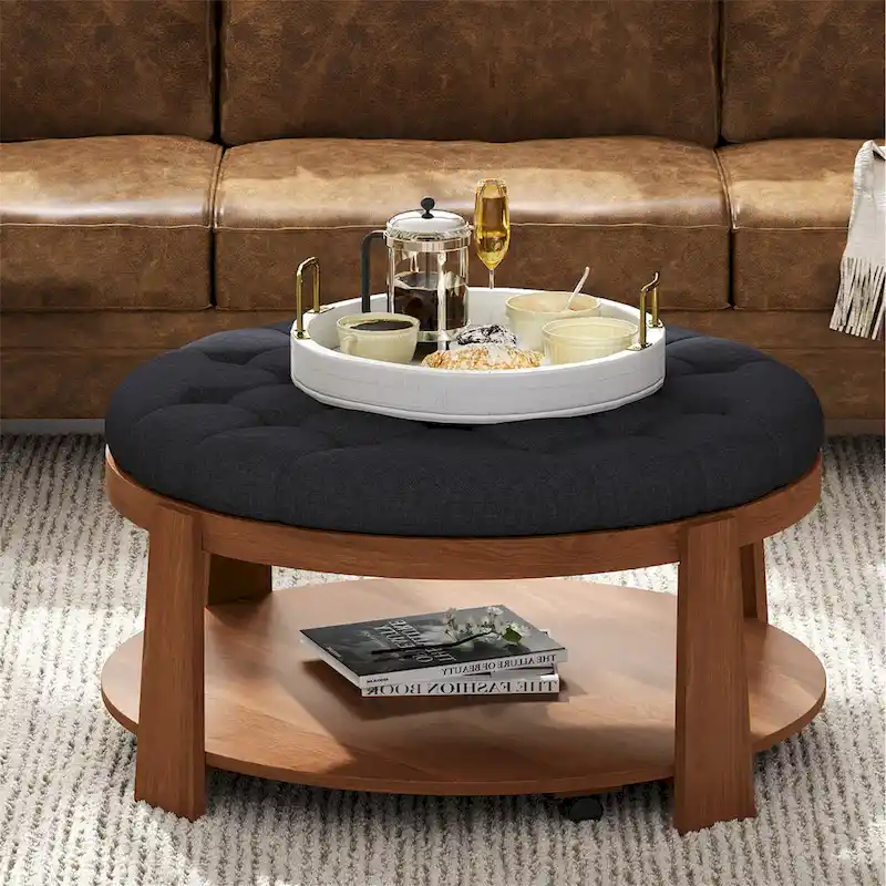 36 Round Button Tufted Upholstered Coffee Table with Wood Shelf and Wheel