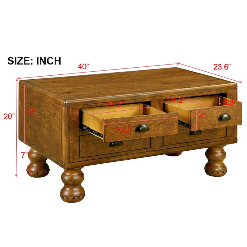 Rectangle Coffee Table, 4 Drawers, Pine Wood & MDF, Oak Veneer, Gourd Legs, 40