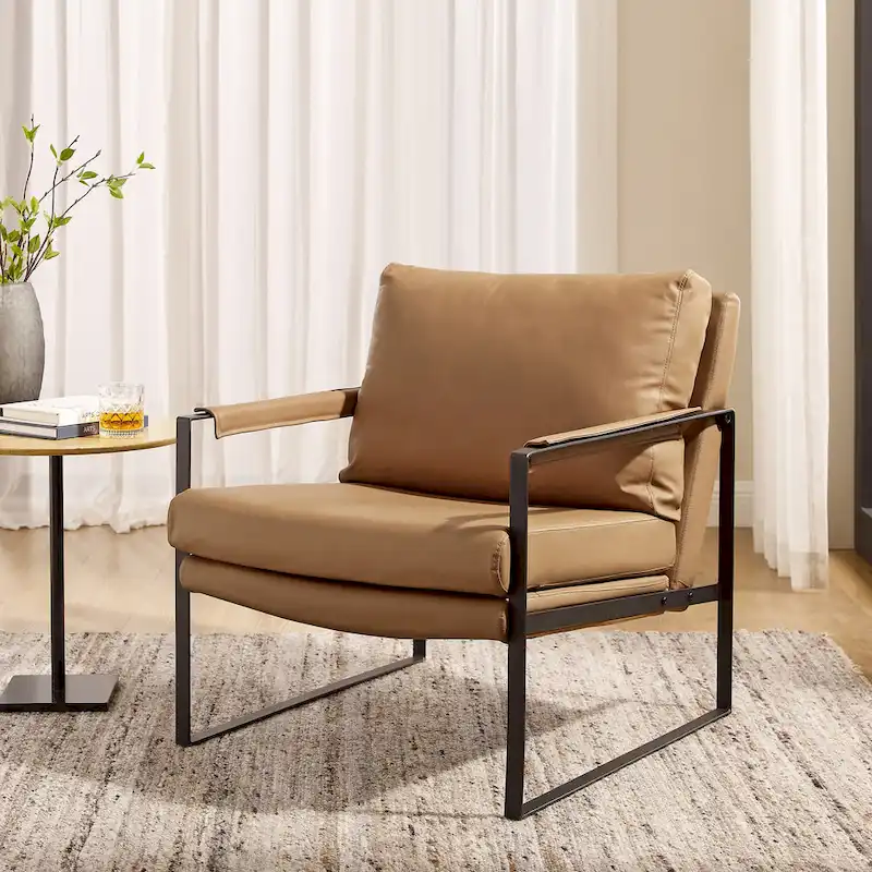 Mid-Century Leather Accent Chair, Brown/Khaki, Metal Frame, Seats 1