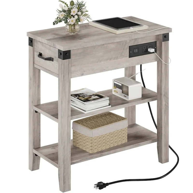 3-Tier Narrow Side Table with Drawer and Storage