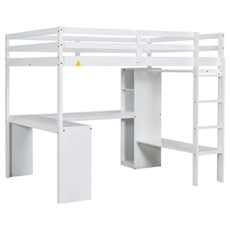 Solid Wood Loft Bed with L-shaped Desk, Wardrobe, and Shelves