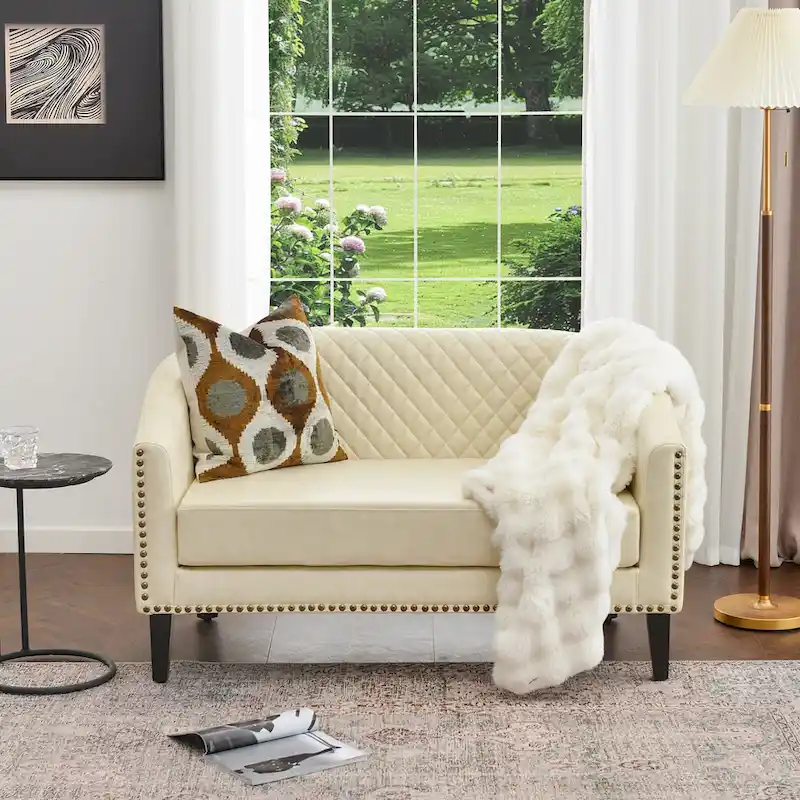 KINWELL 50W Tufted Faux Leather Upholstered Small Loveseat Sofa