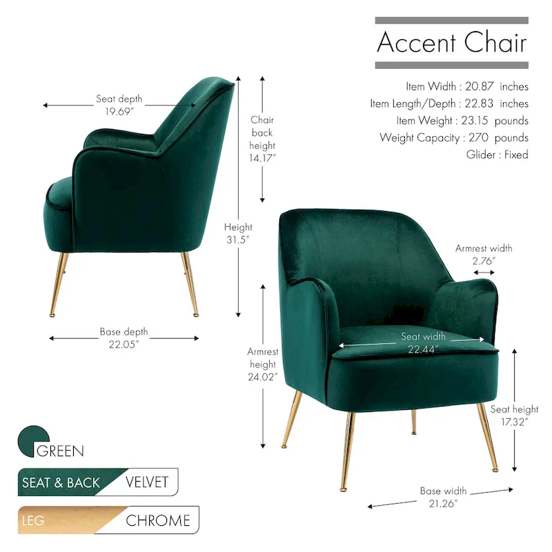 Velvet Upholstered Accent Chair with Gold Chrome Legs