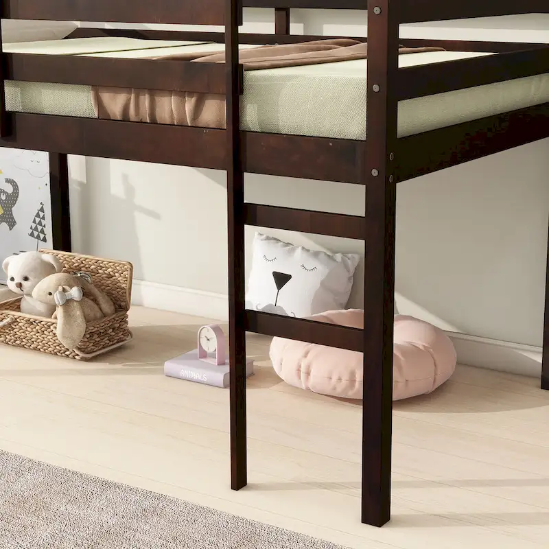 Espresso Twin Size Rubber Wooden Loft Bed with Ladder
