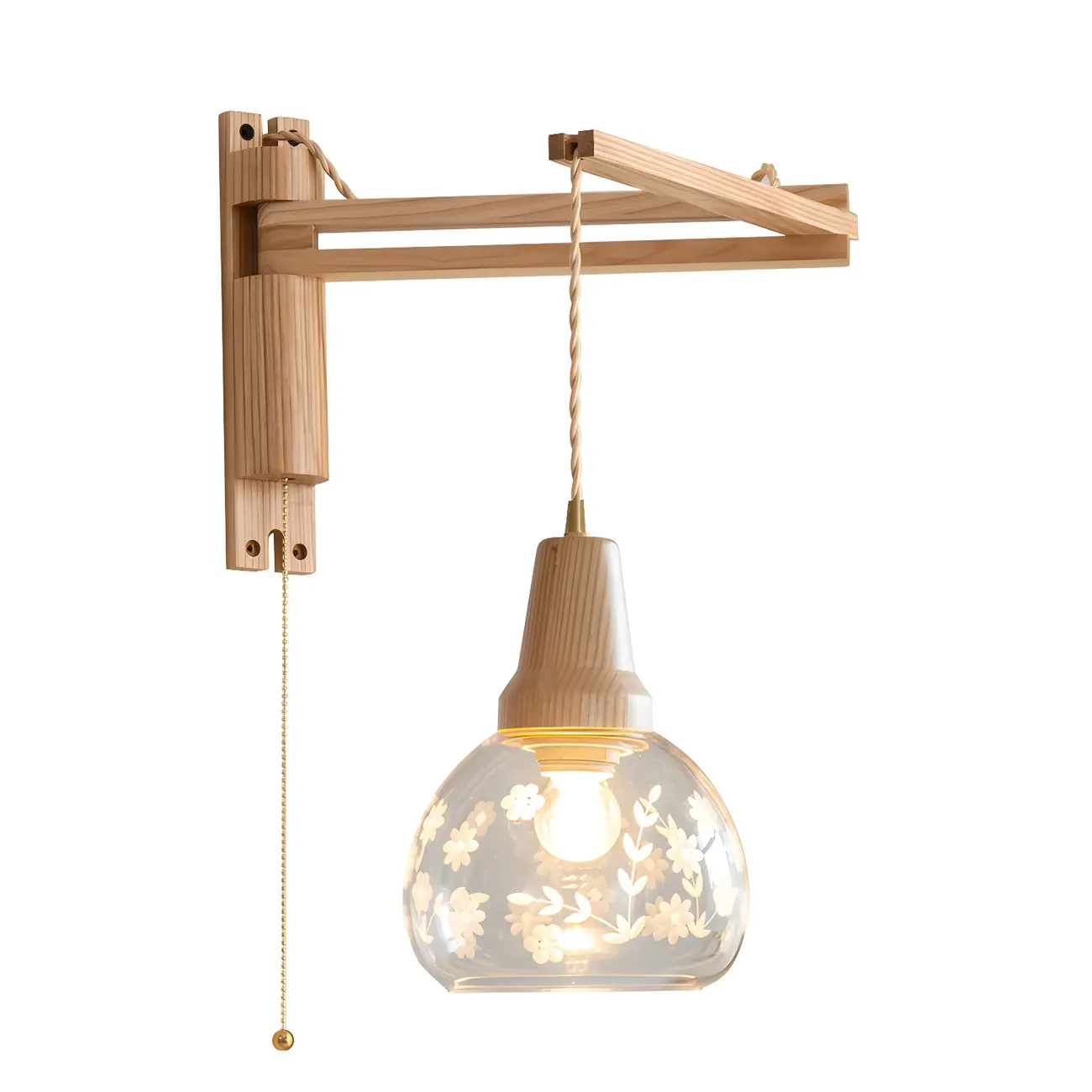 Rustic Wood Clear Glass Swing Arm Wall Light