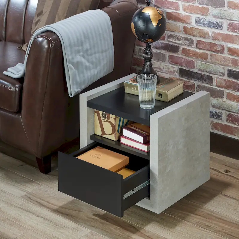 Industrial Side Table with Drawer - Black or Walnut - 18 Inch