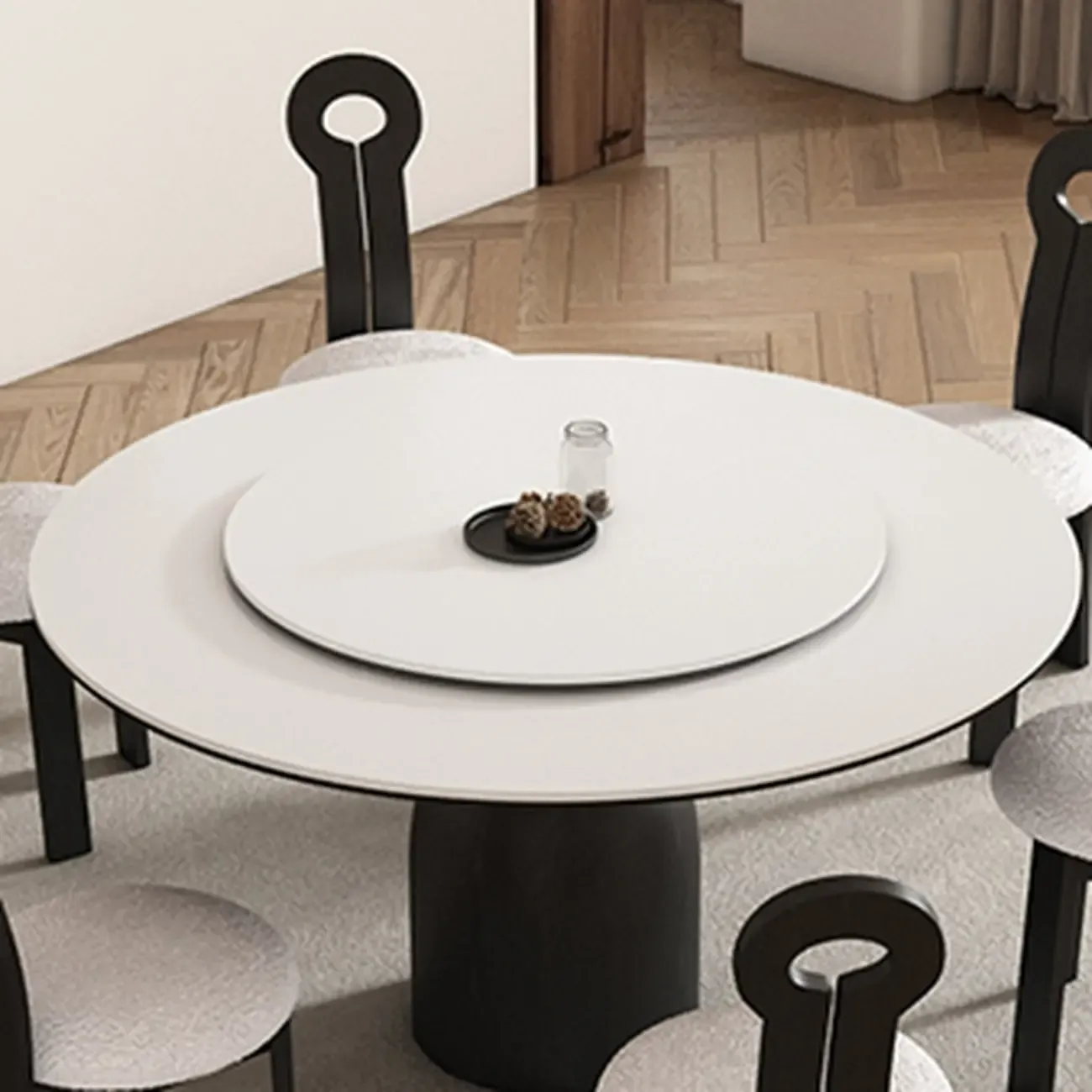 Simple Black Wood Round Stone Dining Table