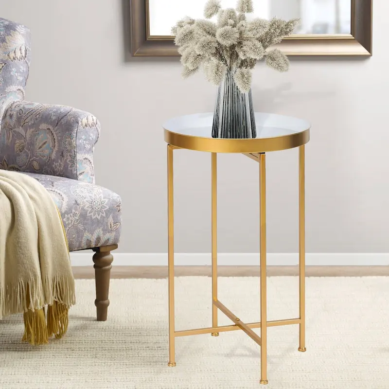 Round End Table Gold Metal Side Nightstand Accent Coffee Tables - 15(D)x 15(W)x 25.7(H)