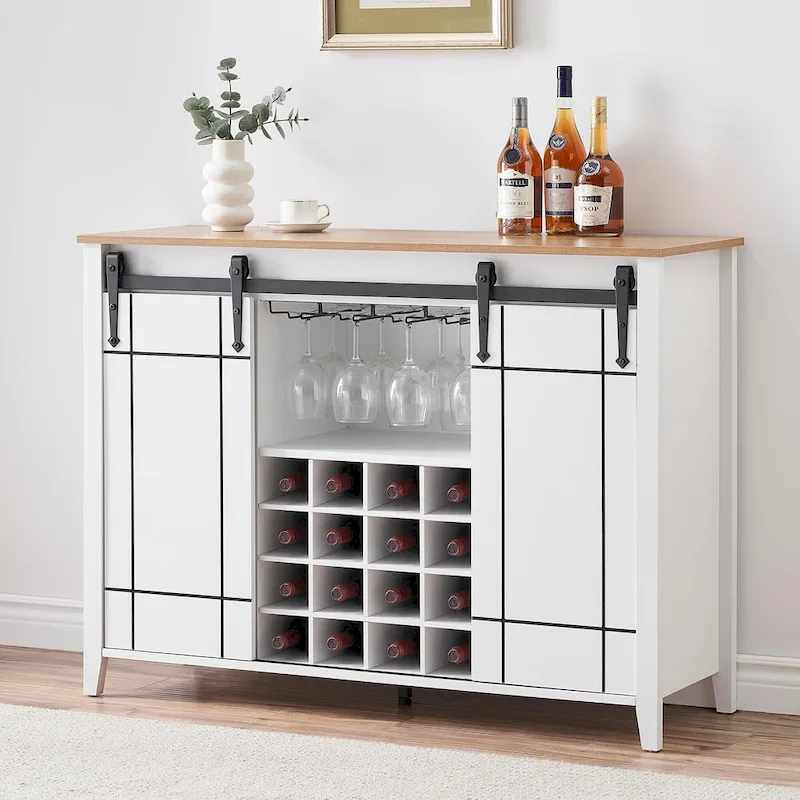 Farmhouse 47 Wine Bar Cabinet Buffet Sideboard Cabinet with 16 Bottle Wine Rack - 15.7D x 47.2W x 34.61H