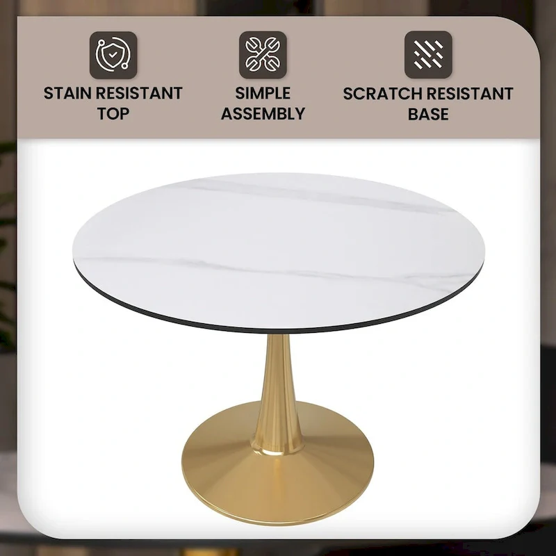 LeisureMod Round Dining Table 40 Sintered Stone Tabletop in Gold Steel Bistro Series