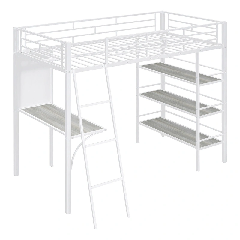 White Twin Loft Metal Bed with Shelves
