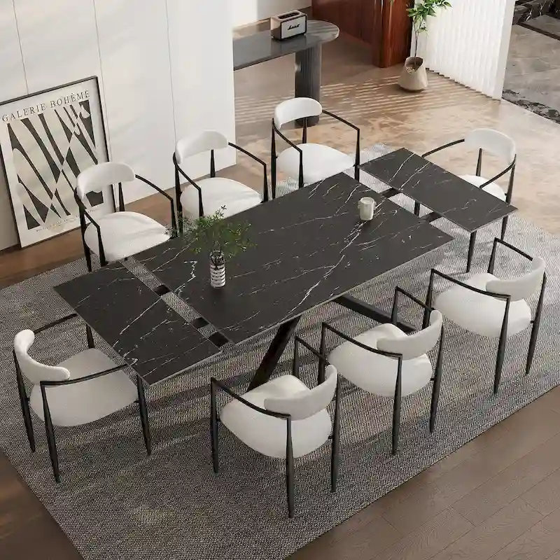 9 - Piece Extendable Sintered Stone Top Cross Legs Dining Set With 8 Fabric Chair