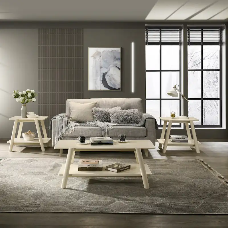 Roundhill Furniture Metz Mid-Century Wood Shelf 3-Piece Coffee Table Set