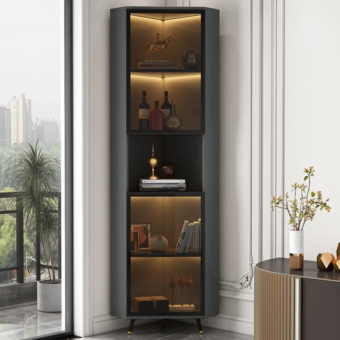 Modern Glam White-Gold Wood Glass Display Cabinet