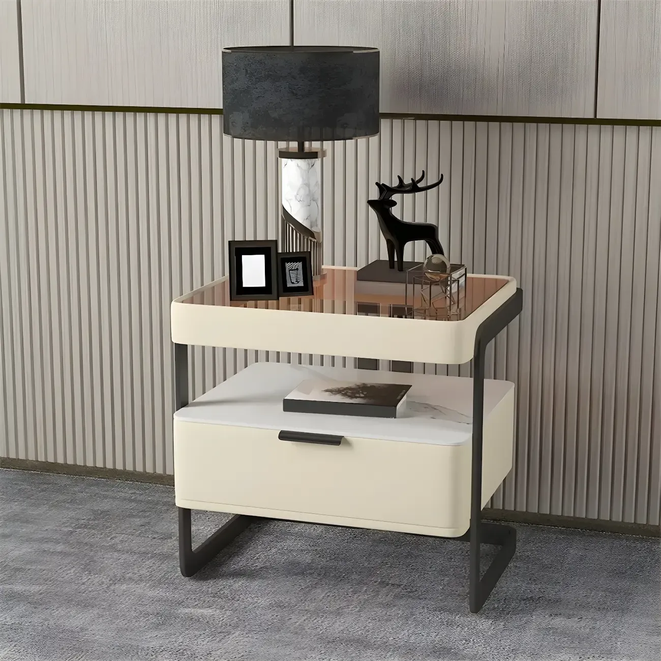 Modern Wood Nightstand with Glass Countertop and Drawer