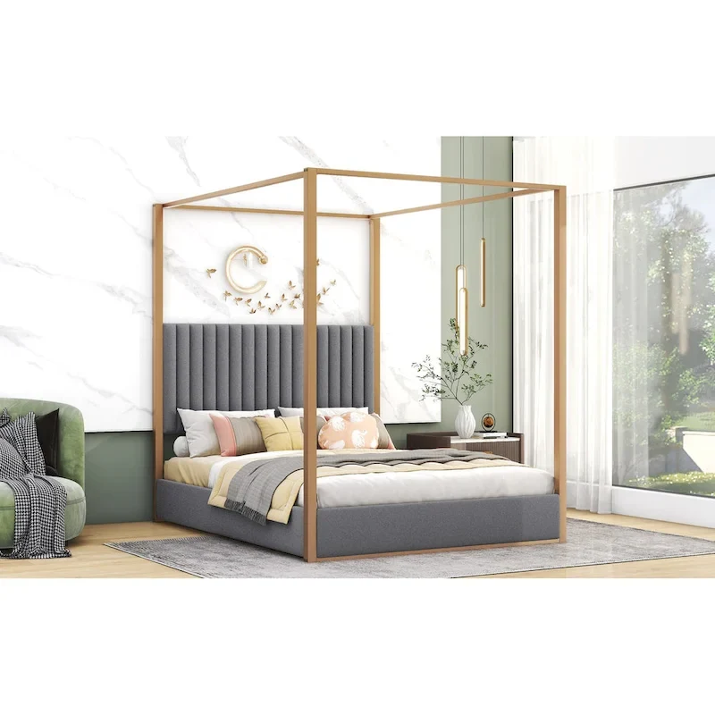 Queen Linen Canopy Bed with Headboard and Metal Frame