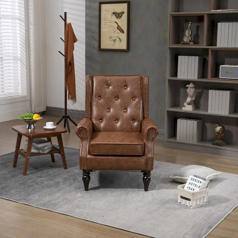 Upholstered PU Leather Accent Chair,Mid Century Button Tufted High Back Arm Chair with Armrest and Solid Wood Legs