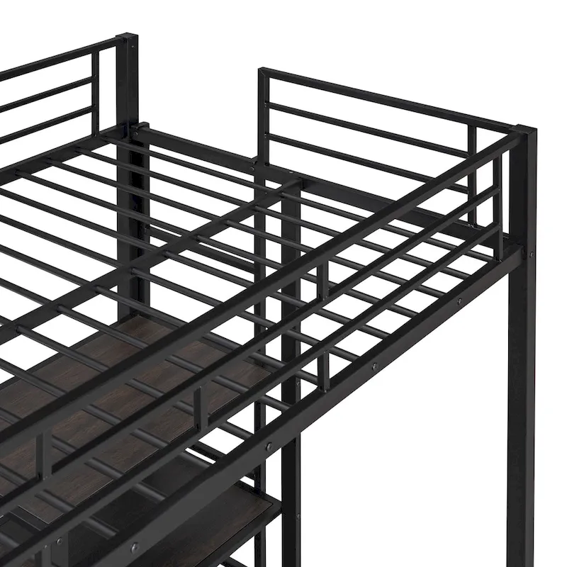 Metal Loft Bed with 3 Shelves and Ladder