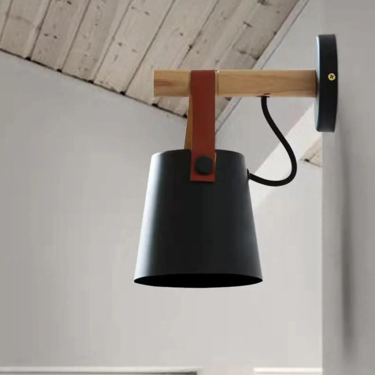 Modern Wall Sconce Wood and Metal with Leather Strap