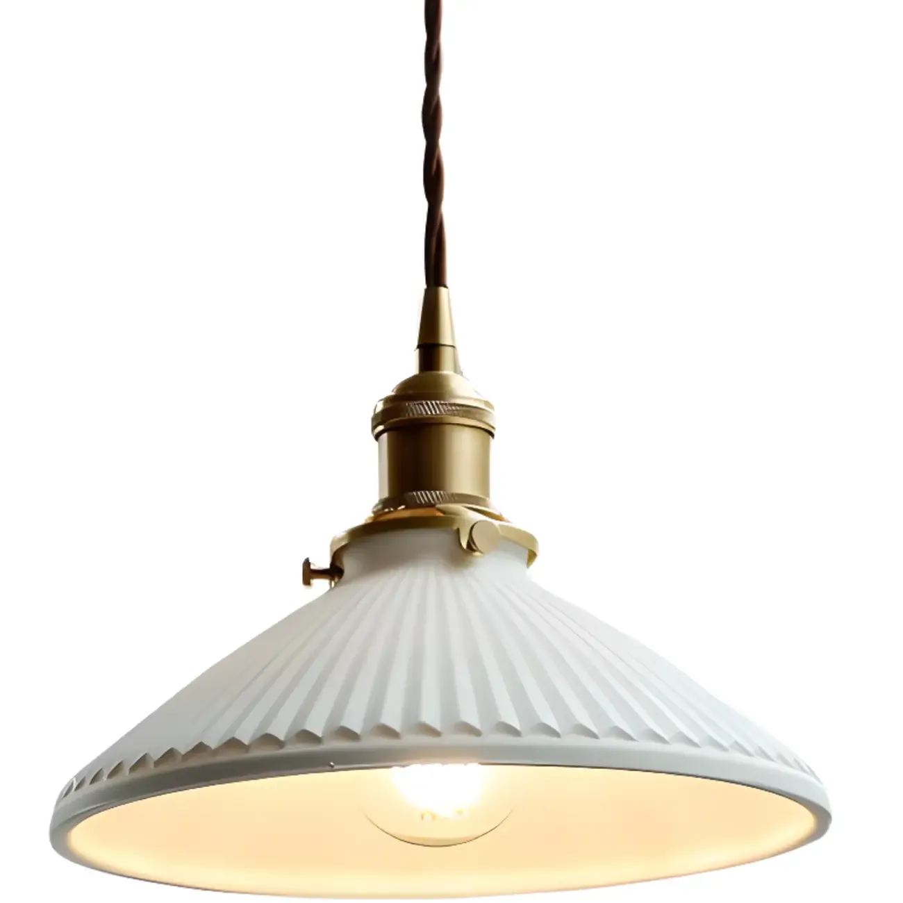 White Ceramics Pleated Cone Hanging Pendant Light