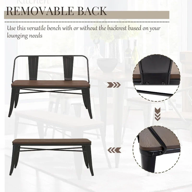 Dining Bench, Entryway Bench with Back, Farmhouse Metal Dining Bench, Industrial Mid-Century 3 Person Bench, Wood Seat