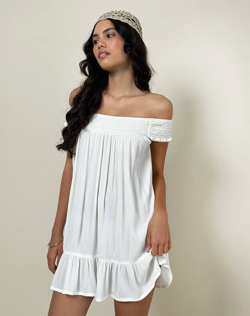Panasi Bardot Babydoll Mini Dress in Off White