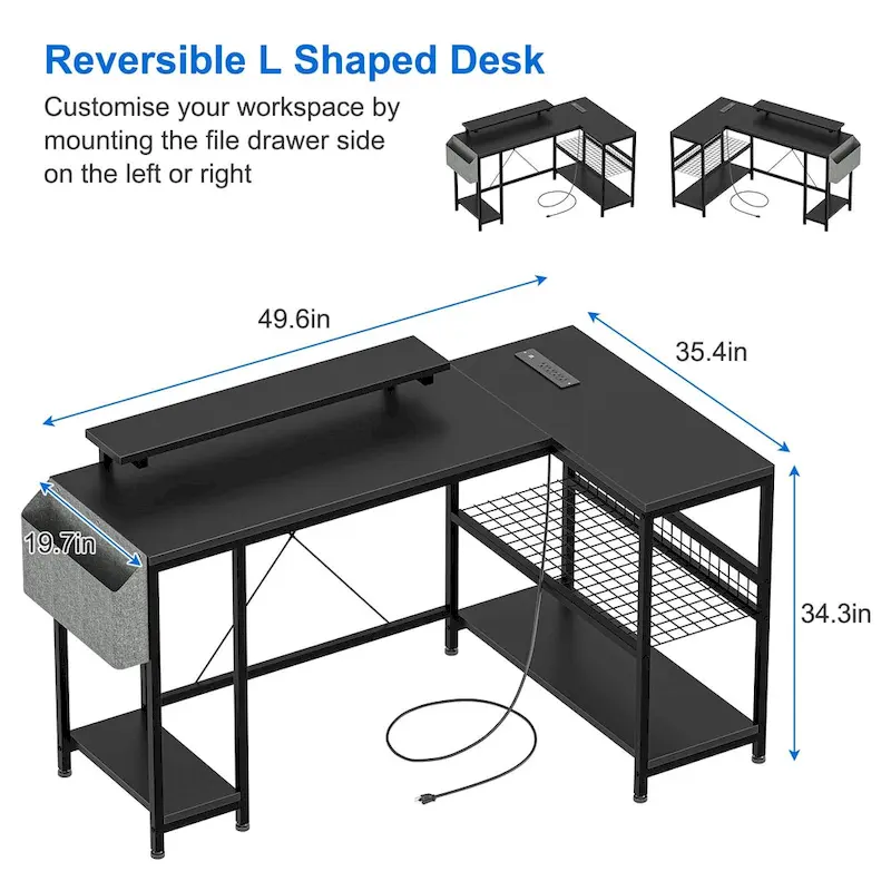 Modern L Shaped Computer Desk with Power Outlets & LED Light