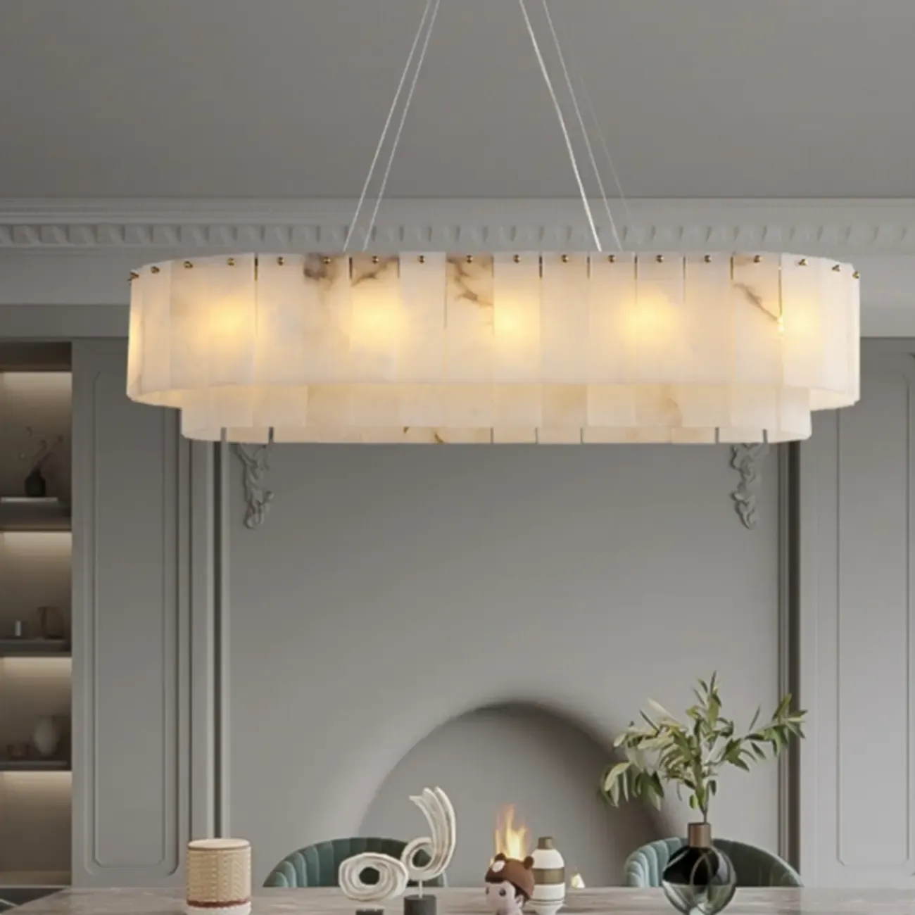 White Alabaster Brass Long Marble Island chandelier