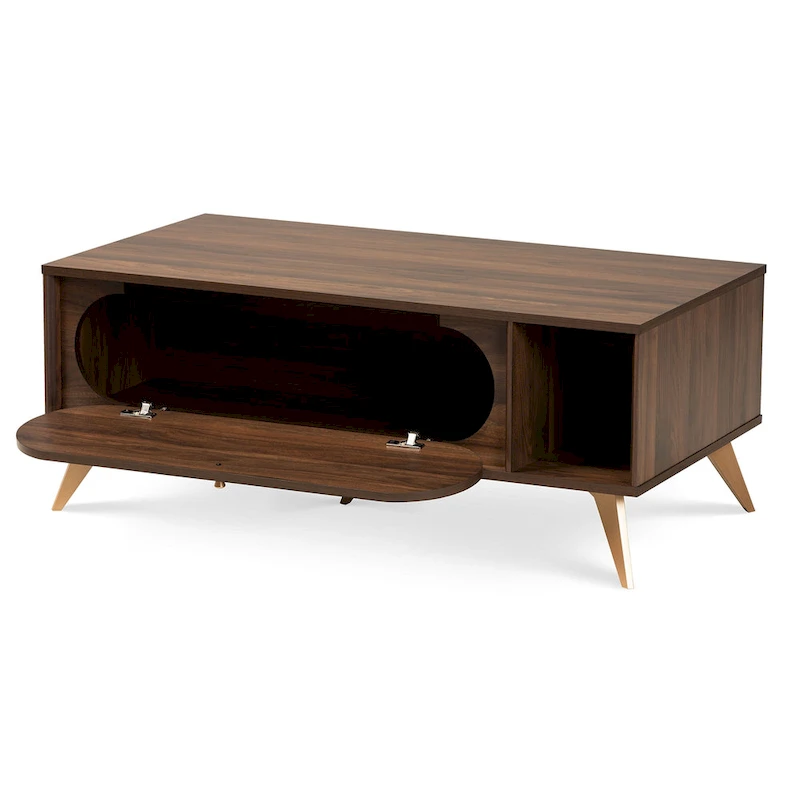 Edel Mid-Century Walnut Brown and Gold Finished Wood Coffee Table